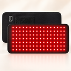 Glambori red light therapy pad, front panel lit and back showing the control button and fastening patch