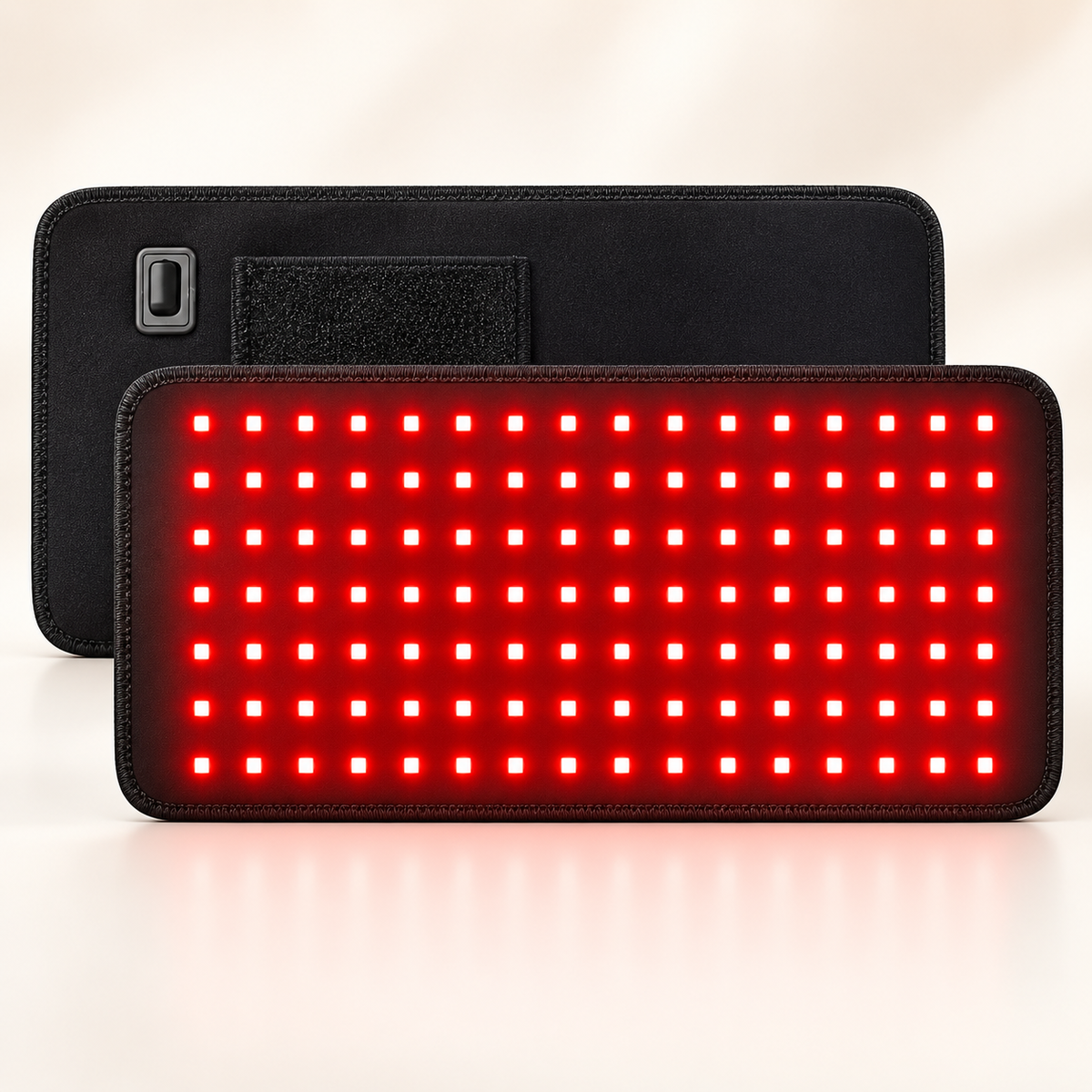 Glambori red light therapy pad, front panel lit and back showing the control button and fastening patch