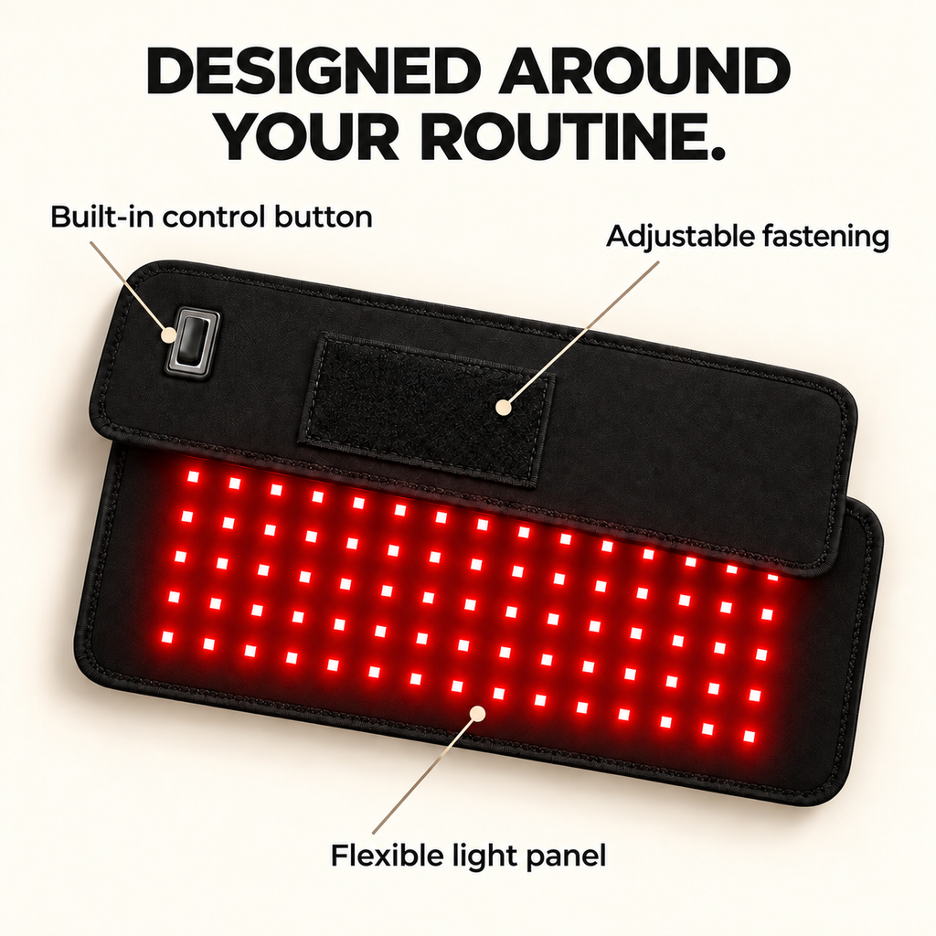 Labelled view of the pad: built-in control button, adjustable fastening and flexible light panel