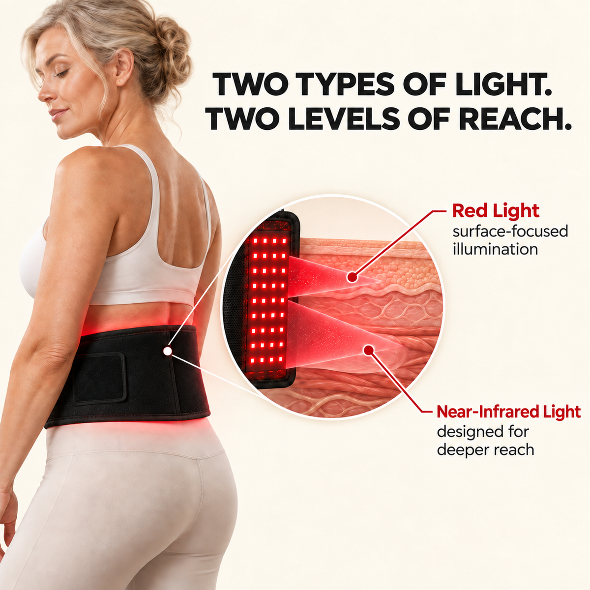 How the two wavelengths work: 660nm red light at the surface, 850nm near-infrared reaching further in