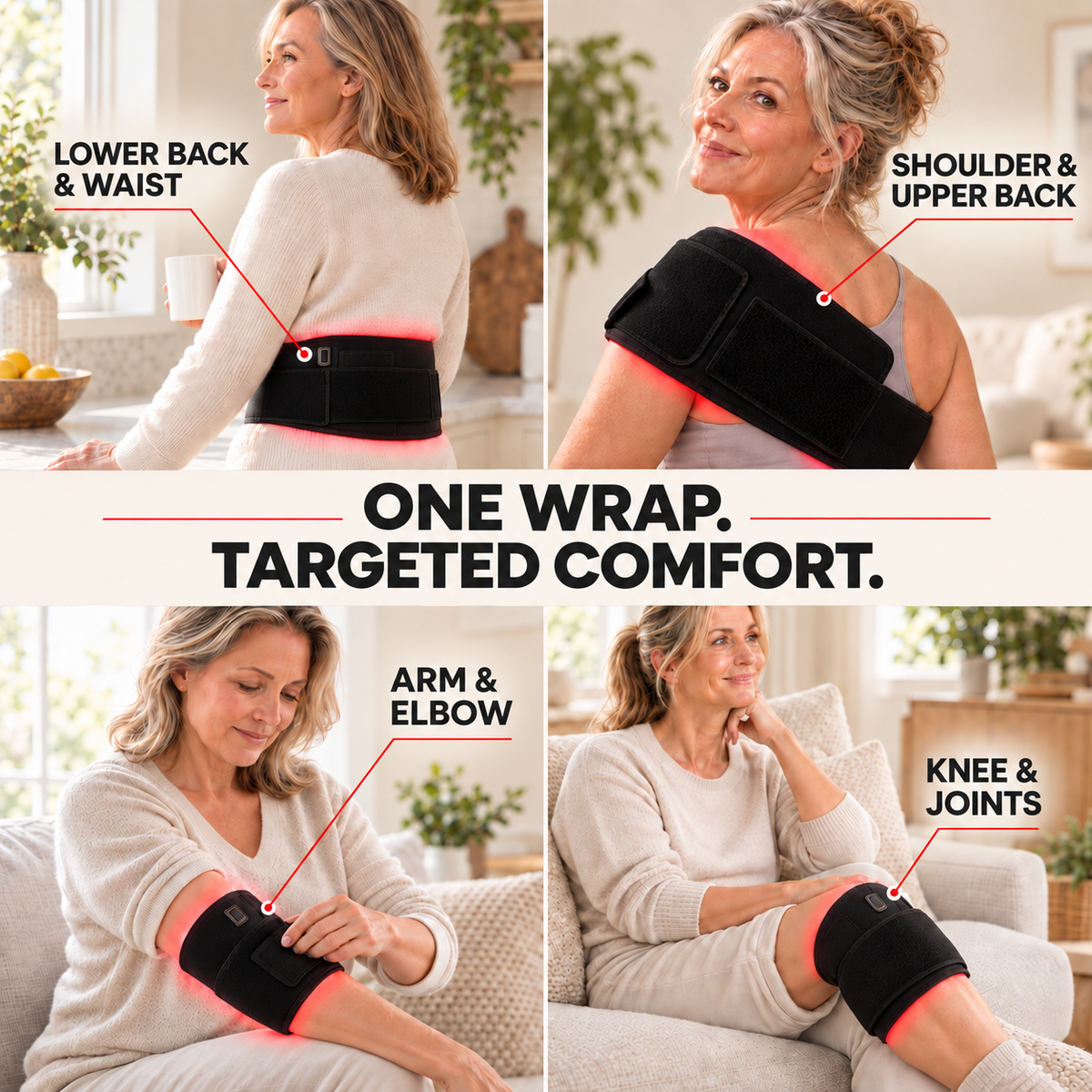 Four places to wear it: lower back and waist, shoulder and upper back, arm and elbow, knee and joints