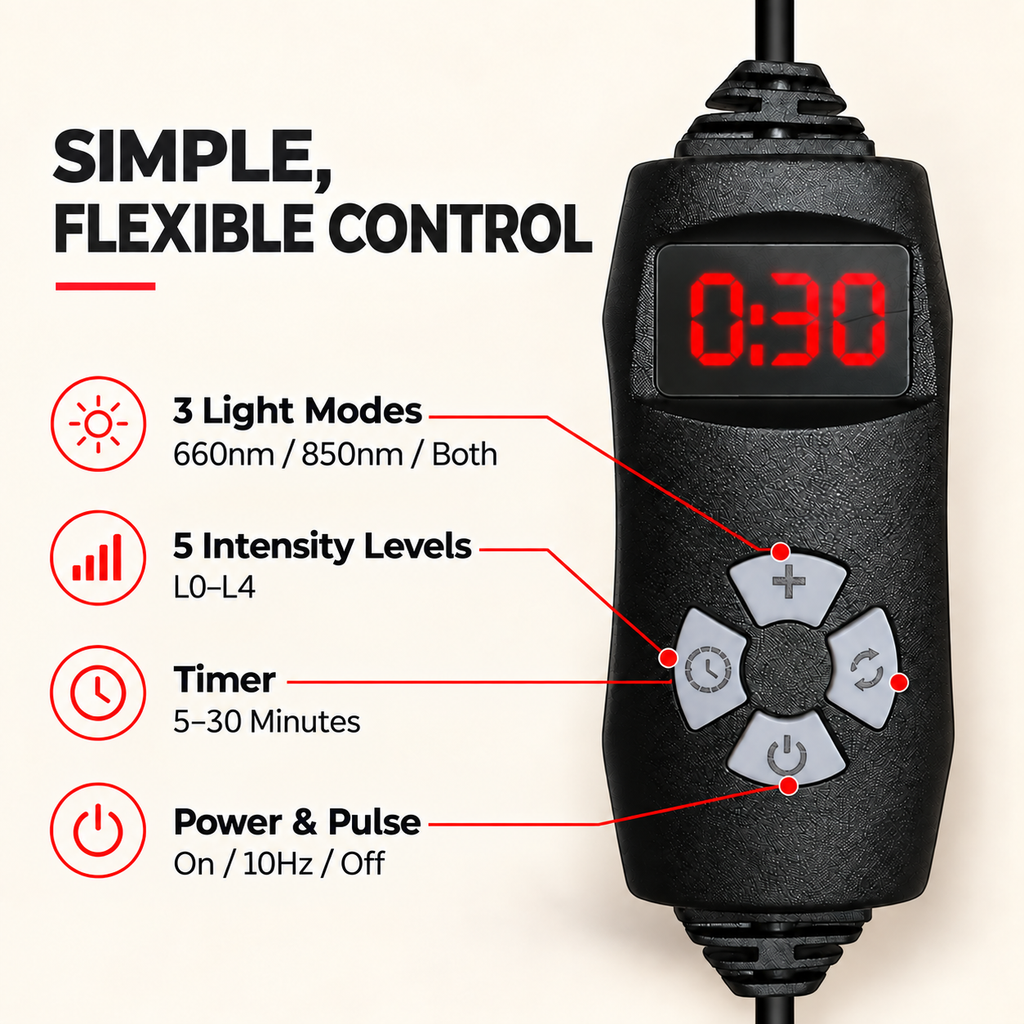 The inline controller: three light modes (660nm, 850nm or both), five intensity levels, a 5 to 30 minute timer, and power and pulse