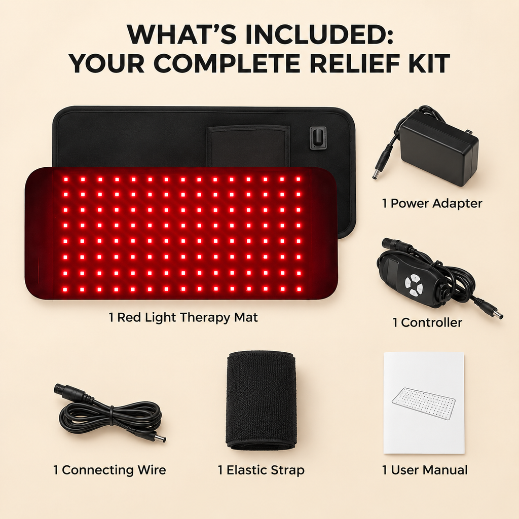 What's in the box: the pad, a power adapter, the controller, a connecting wire, an elastic strap and a user manual
