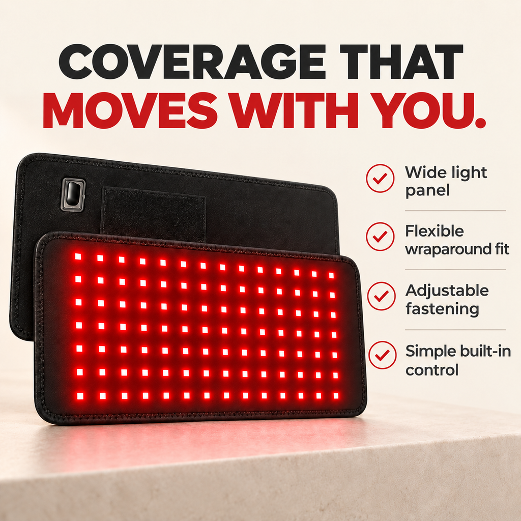 The pad standing upright: wide light panel, flexible wraparound fit, adjustable fastening and built-in control