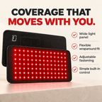 The pad standing upright: wide light panel, flexible wraparound fit, adjustable fastening and built-in control